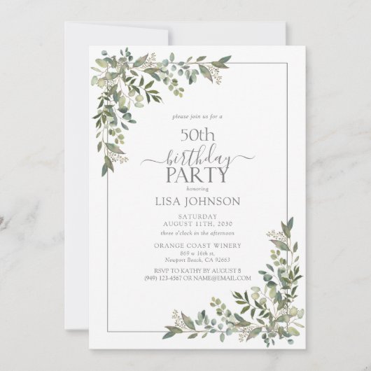 Invitation 50e anniversaire Eucalyptus Sage Vert Botanique (Devant)