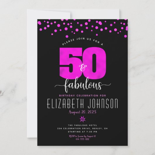 Invitation 50e anniversaire fabuleux points en feuille rose c (Devant)