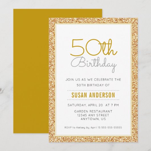 Invitation 50e anniversaire Faux Gold Parties scintillant (Devant / Derrière)