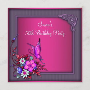 Invitation 50e anniversaire femme Papillon floral rose violet