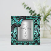 Invitation 50e Anniversaire Fête Bleu Argent Damas Papillon (Debout devant)