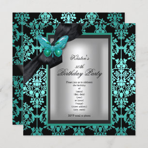 Invitation 50e Anniversaire Fête Bleu Argent Damas Papillon