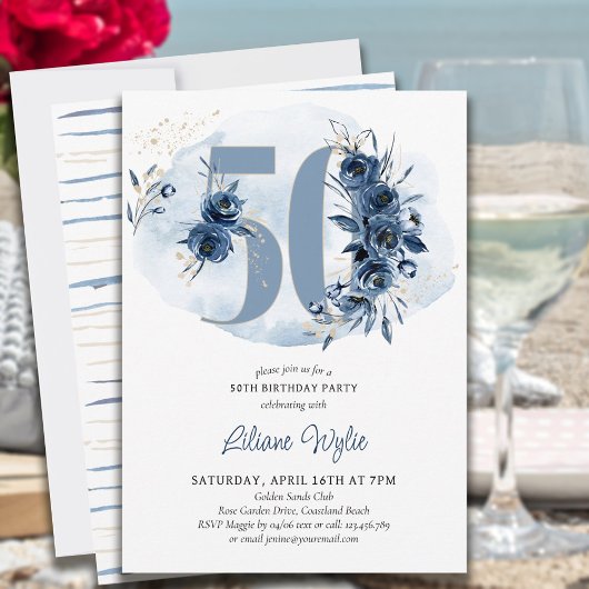 Invitation 50e anniversaire Fête Côte Bleu Floral Numéro 50