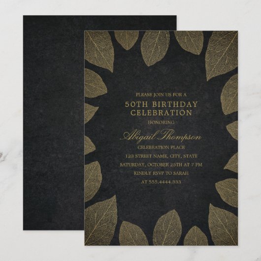 Invitation 50e anniversaire fête Elégant Feuilles d'or noir (Devant / Derrière)