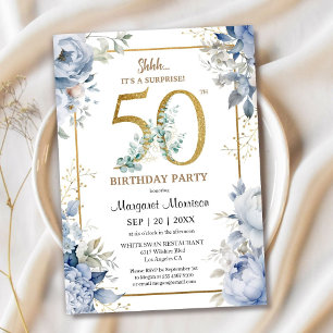 Invitation 50e anniversaire fête Elégante Dusty Blue Floral