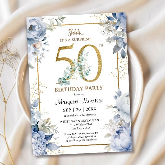 Invitation 50e anniversaire fête Elégante Dusty Blue Floral