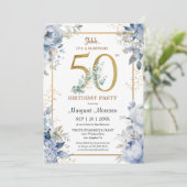 Invitation 50e anniversaire fête Elégante Dusty Blue Floral (Debout devant)