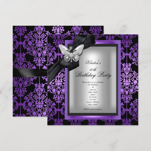 Invitation 50e Anniversaire Fête Purple Argent Damas Papillon (Devant / Derrière)