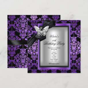 Invitation 50e Anniversaire Fête Purple Argent Damas Papillon
