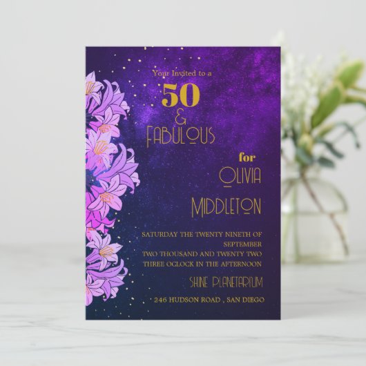 Invitation 50e Anniversaire Fleur Pourpre Or Tendance (Debout devant)