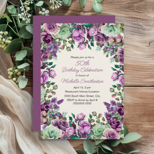 Invitation 50e Anniversaire Fleurs Aquarelle Vert