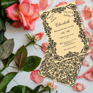Invitation 50e anniversaire Floral botanique noir et beige