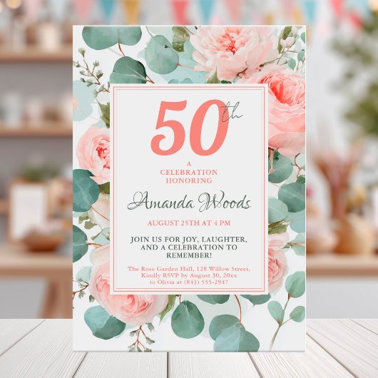 Invitation 50e anniversaire floral floue avec roses et verdur