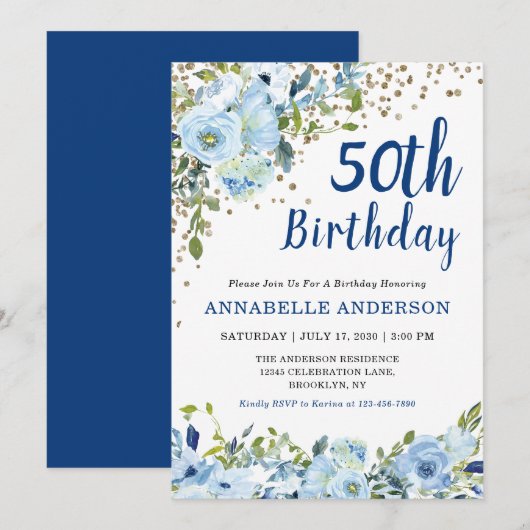 Invitation 50e anniversaire Floral Navy Blue Gold Parties sci (Devant / Derrière)