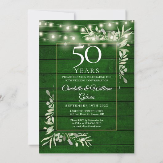 Invitation 50e anniversaire Floral String Lumières Bois vert (Devant)
