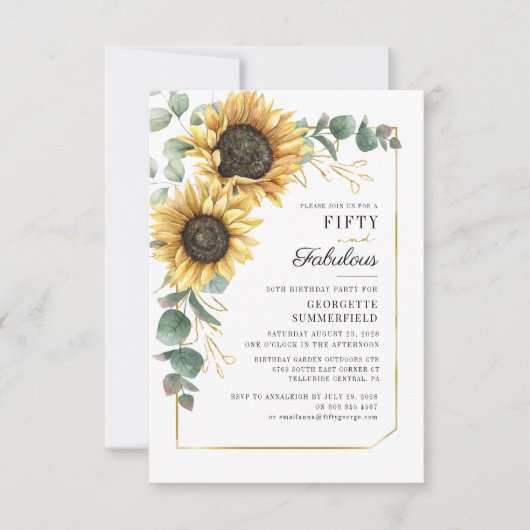 Invitation 50e anniversaire Floral Sunflower Eucalyptus Party (Devant)