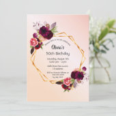 Invitation 50e anniversaire flores bordeaux rose or géométriq (Debout devant)