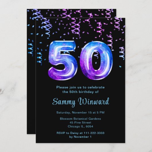 Invitation 50e anniversaire Galaxy Balloons avec Confetti (Devant / Derrière)