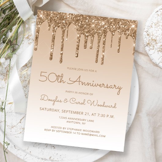 Invitation 50e anniversaire Glitter Drip Gold