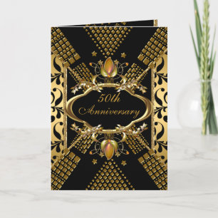 Invitation 50e Anniversaire Gold Black Damask Déco