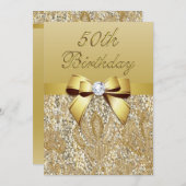 Invitation 50e anniversaire Gold Faux Sequins et Bow (Devant / Derrière)