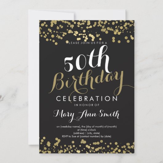 Invitation 50e Anniversaire Gold Foil Look Confetti (Devant)