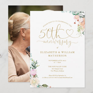 Invitation 50e Anniversaire Gold Heart Floral Photo