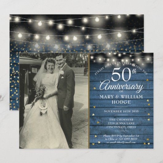 Invitation 50e Anniversaire Gold Hearts Rustique Mariage Phot (Devant / Derrière)