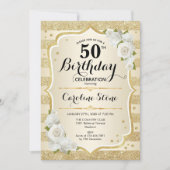 Invitation 50e anniversaire - Gold Stripes Roses blanches (Devant)