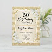 Invitation 50e anniversaire - Gold Stripes Roses blanches (Debout devant)
