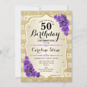 Invitation 50e anniversaire - Gold Stripes Roses violets (Devant)