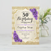 Invitation 50e anniversaire - Gold Stripes Roses violets (Debout devant)