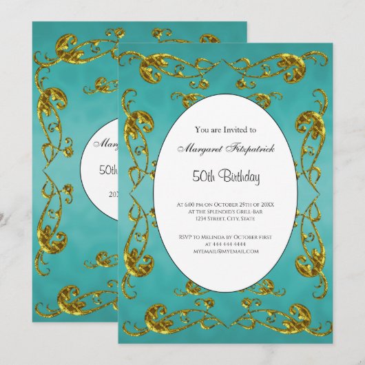 Invitation 50e Anniversaire Gold Turquoise classique (Devant / Derrière)