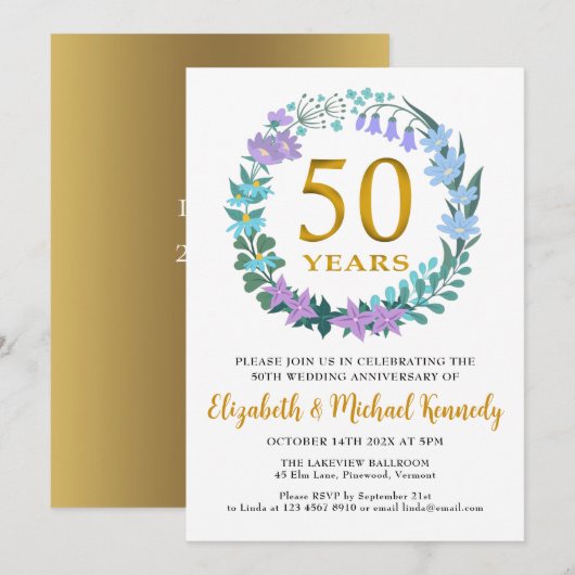 Invitation 50e anniversaire Golden Floral Wreath (Devant / Derrière)