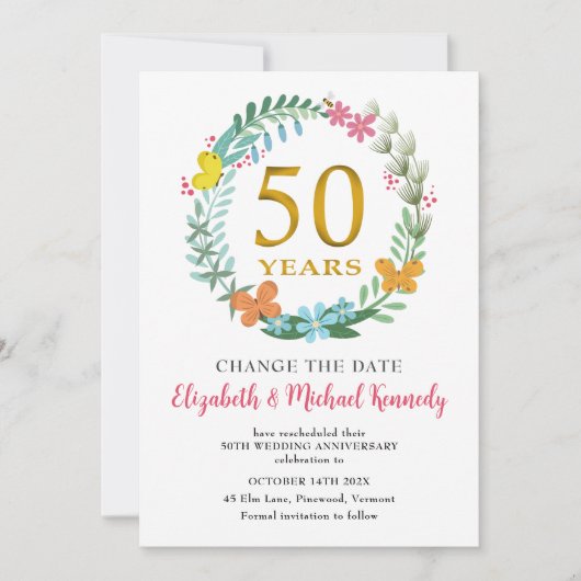 Invitation 50e anniversaire Golden Floral Wreath Date de chan (Devant)