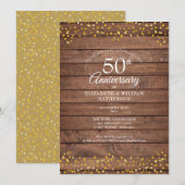 Invitation 50e Anniversaire Golden Hearts Bois Rustique (Devant / Derrière)