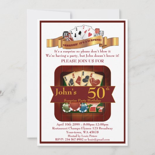Invitation 50e, Anniversaire Homme Casino, Jeux d'argent, Las (Devant)