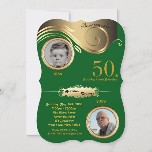 Invitation 50e, Anniversaire Homme de tout âge, art déco, or  (Devant)