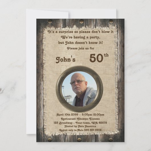 Invitation 50e, Anniversaire homme, n'importe quel âge, bois, (Devant)