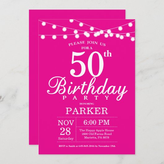 Invitation 50e anniversaire Hot Pink (Devant / Derrière)