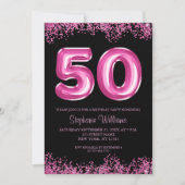 Invitation 50e anniversaire Hot Pink Balloons Gllitter Party (Devant)
