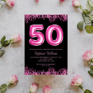 Invitation 50e anniversaire Hot Pink Balloons Gllitter Party