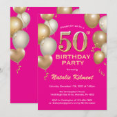 Invitation 50e anniversaire Hot Pink et Gold Parties scintill (Devant / Derrière)