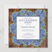 Invitation 50e Anniversaire Hydrangeas Bleus en Bois Rustique (Devant)
