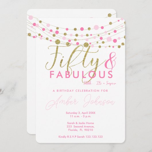 Invitation 50e anniversaire invitation, rose et or (Devant / Derrière)