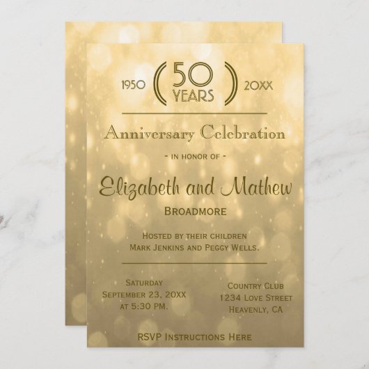 Invitation 50e anniversaire | Lumières Bokeh Or (Devant / Derrière)