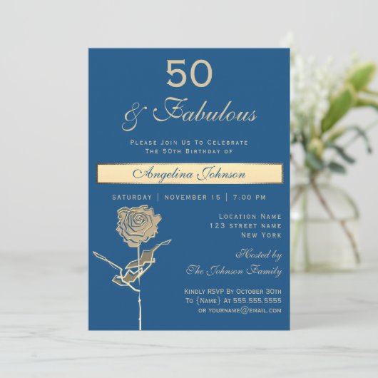 Invitation 50e anniversaire Luxe or et bleu classique (Debout devant)