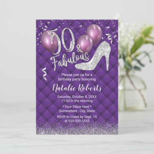 Invitation 50e anniversaire Luxe Purple & Silver Fabuleux 50 (Debout devant)