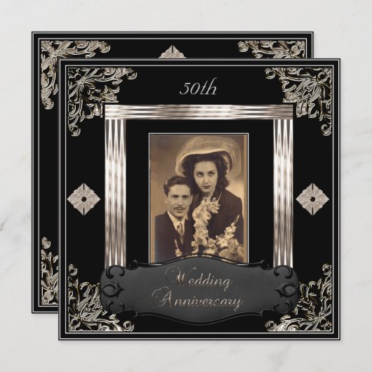 Invitation 50e anniversaire Mariage Art déco Black Sepia (Devant / Derrière)