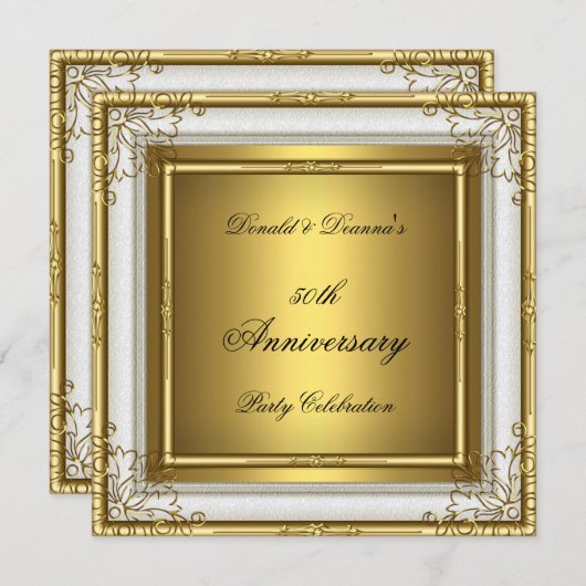Invitation 50e Anniversaire Mariage Blanc Or Elégant (Devant / Derrière)